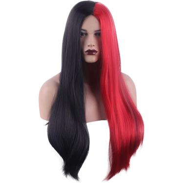 Imagem de Peruca De Cabelo Liso Longo Preto E Vermelho Perucas De Cabelo Humano De Seda De Divisão Do Meio Peruca De Cosplay Natural Para Mulheres, Comprimento 26.7ih