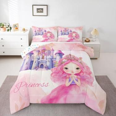 Imagem de Manfei Conjunto de edredom de princesa, casal fofo, de conto de fadas, 3 peças, castelo dos sonhos, para todas as estações, para decoração de quarto infantil e feminino, macio e respirável, 2 fronhas