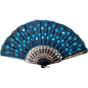 Imagem de Leque Tecido Lantejoula Brilhante Varias Estampas Madeira Escuro Oriental Japonês Gueixa(Azul Claro)