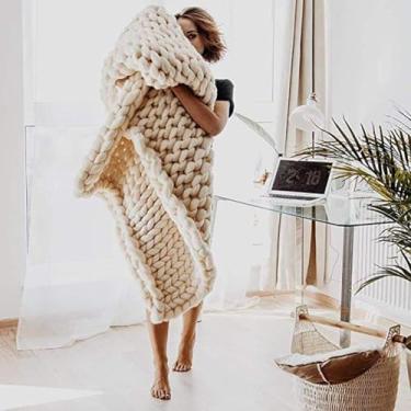 Imagem de Cobertor de malha de cobertor, cobertor de lã de malha robusto, cobertor grosso de malha, cobertores de sofá de moda, tapete de ioga, tapete, grande, macio, bege, 100 x 200 cm