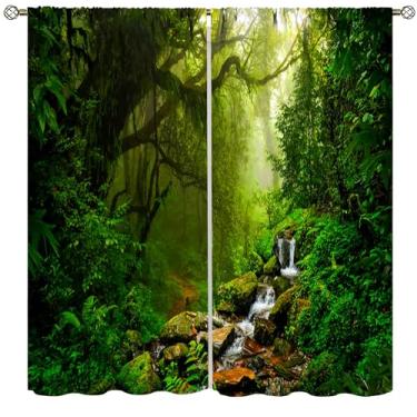 Imagem de Cortinas de cachoeira, paisagem de floresta verde, cortinas para decoração de casa, quarto, sala de estar, cozinha, janela, 2 painéis, conjunto de 2 painéis, tamanho total 107 cm L x 114 cm C