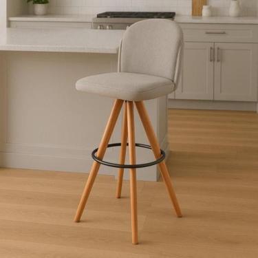 Imagem de Banqueta Giratória Estofada com Encosto e Base em Madeira Castanho  Ay