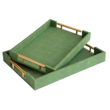 Imagem de UPPER DECOR Conjunto de 2 bandejas decorativas, bandejas de couro shagreen verde, bandejas retangulares modernas e elegantes com alças de metal polido dourado, bandejas otomanas, mesa de café, perfume