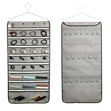 Imagem de Anizer Organizador de joias com dois lados para pendurar com gancho para colar de armário, brincos, pulseira, suporte de viagem, 28 Zippered Clear Pockets and 20 Tape Loops Grey