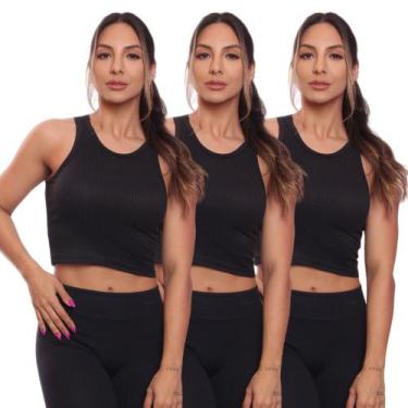 Imagem de Kit 3 Top Cropped Regata Canelado Feminino Blusa Básica - Brás e Cia, 