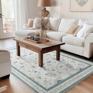 Imagem de EVERGRACE Tapetes Para Sala De Estar 5X7, Lã Sintética Com Estampa Floral Boho Áreas Internas E Externas, Laváveis Quarto, Jantar, Entrada Cozinha, Tapete Pelo Baixo Decoração Casa, Azul-Claro