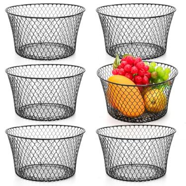 Imagem de Mezchi Pacote com 6 cestas de arame de metal para armazenamento de cozinha, tigela de frutas de bancada preta moderna, organizador de produtos redondos, multiuso para frutas, lanches, pães