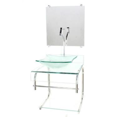 Imagem de Gabinete de vidro 40cm para banheiro curvado duplo inox cuba quadrada 