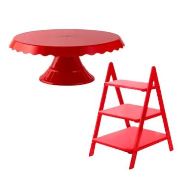 Imagem de Kit Decoração Escadinha P/ Doce Lembrancinhas Festa Aniversário Suporte Bolo (Vermelho)