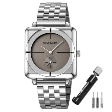 Imagem de SKMEI Relógios quadrados para homens, simples, negócios, aço inoxidável, moderno, analógico, quartzo, presente para pais, pai, dourado, preto, G2413 cinza prateado
