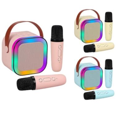 Imagem de Caixinha de Som 2 Microfone Karaoke Portátil Infantil com Caixa de Som Bluetooth, Luzes LED Dinâmicas, 2 Microfones Sem Fio, Ideal para Festas, Crianças e Adultos (Bege, 2 Microfones)