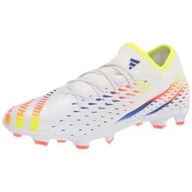 Imagem de adidas Tênis de futebol unissex adulto Edge.3 Predator Firm Ground, Branco/amarelo solar/azul (baixo), 13 Women/13 Men
