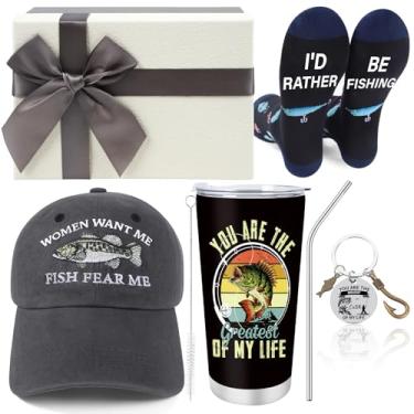Imagem de Keluna Presentes de pesca para homens - Conjunto de 4 peças de presentes de pesca, 590 ml, meias de copo de peixe, chaveiro, chapéu, dia dos pais, aniversário, Natal, aposentadoria, presentes para pai