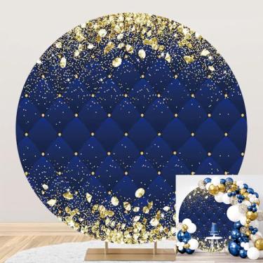 Imagem de DORCEV Capa de fundo redonda para festa de aniversário de 2 x 2 m com glitter pontos dourados diamantes azuis losangos azuis para festa de casamento adereços de fundo para adultos e crianças