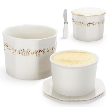 Imagem de Honlibey Manteiga Para Balcão Com Linha De Água, Tampa E Espalhador Travessa Francesa, Recipiente Cerâmica 280G/9,8Oz Barrar (Branco)