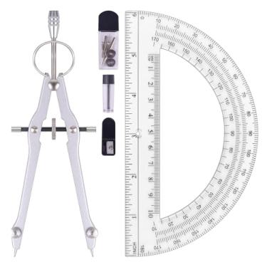 Imagem de Unjoo Conjunto de bússola e transferidor, ferramenta profissional de bússola de desenho, bússola de metal com refis extras, bússola para geometria e transferidores matemáticos de 15 cm 180 graus