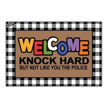 Imagem de AZNWXY Welcome Mats Knock Hard But Not Like You The Police Capacho engraçado para entrada tapete de porta da frente antiderrapante tapetes de cozinha e tapetes de cozinha 60 cm x 40 cm