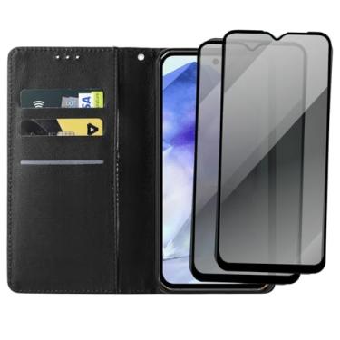 Imagem de Kit Capa Carteira Porta Cartões Preta + 2 Películas De Privacidade Para Galaxy A55