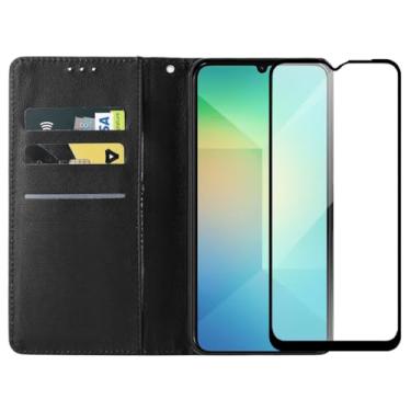 Imagem de Capa Carteira Flip Case para Samsung Galaxy A06 com Película de Vidro Temperado 3D, Proteção de Câmera, Preto