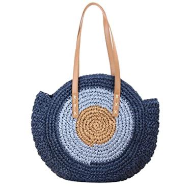 Imagem de SHAREYOIU Bolsa feminina de ombro redonda de palha para férias de praia grande bolsa de mão de tecido feita à mão para o verão, Azul