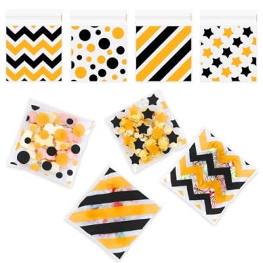 Imagem de Sacos de guloseimas de celofane laranja preto, 100 unidades de sacos de biscoito com selo, listras de bolinhas de plástico autoselantes para presente de doces para lembrancinhas de aniversário de