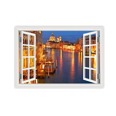 Imagem de Impressão em tela para parede janela Veneza visão noturna 3D falsa janela vista paisagem paisagem paisagem imagem impressão em tela arte de parede para sala de estar 30 x 45 cm 11,8 x 45 cm sem