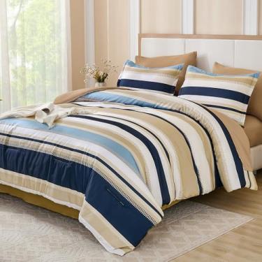 Imagem de WONGS BEDDING Conjunto de edredom King Size King King com lençóis, cama listrada em um saco, leve, boêmio, para todas as estações (264 cm x 224 cm)