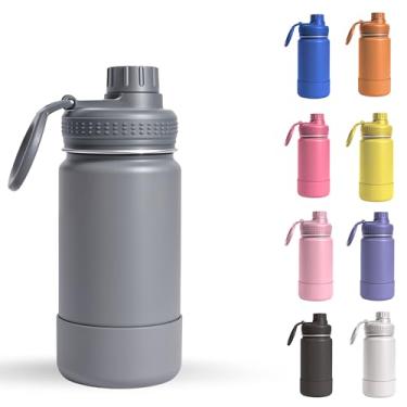 Imagem de Garrafa Térmica Infantil - 350ml, Aço Inox 304 Parede Dupla de Isolamento 24horas Gelado, Tampa Rosca De Segurança, Anti Vazamento, Base Silicone AntiDerrapante, BPA Free (Cinza)