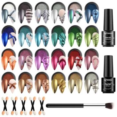 Imagem de SUTOKAKA Conjunto de pó cromado para unhas de gel, 24 cores, efeito espelhado metálico, holográfico, cromo de cobre iridescente com base superior em gel para manicure e arte em unhas