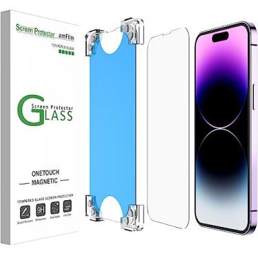 Imagem de amFilm Pacote com 2 protetores de tela magnéticos OneTouch iPhone 14 Pro 6,1 polegadas [ecológico e reduz plástico] [vidro temperado ultra 9H indestrutível] [alinhamento automático de 15 segundos e