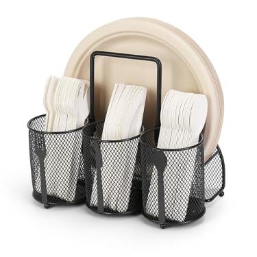 Imagem de Suporte de prato de papel e utensílios, suporte portátil de talheres com 4 compartimentos e alça oculta, organizador de pratos para talheres, garfos, colheres e talheres para festas, ao ar livre