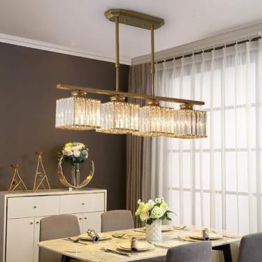 Imagem de Lustres De Ouro De Cristal Linear Longo Nórdico Para Sala De Jantar Armazém Quadrado Luzes Pendentes De Cristal Preto Pendentes Cluster Lustre De Teto Retangular Para Ilha D, Gold-4 Lights