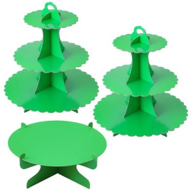 Imagem de Soleebee Conjunto de 3 peças de suporte de bolo, suporte de cupcake de 3 camadas, exibição de bolo redondo de 1 camada, torre de cupcake de papelão para decoração de festa de casamento de aniversário