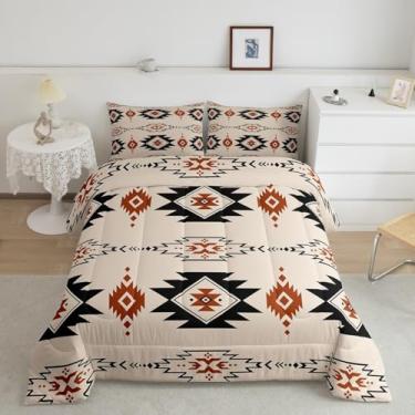 Imagem de Feelyou Conjunto de edredom asteca ocidental, Queen, étnico do sudoeste, listras, geométricas, boêmio, fazenda, edredom para crianças, meninos, meninas, preto, marrom, decoração de quarto, 3 peças com