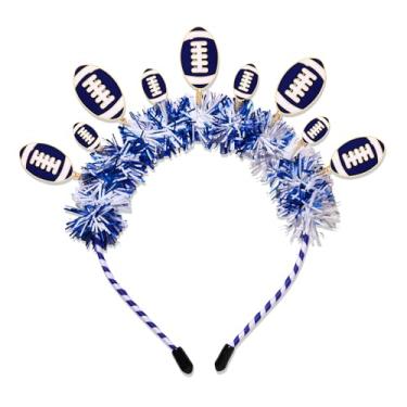 Imagem de NLCAC Faixa de cabeça de dia de jogo com glitter tinsel cabeça de futebol Bopper coroa cabeça de futebol americano acessórios para mães roupas de dia de jogo para mulheres (futebol azul branco)