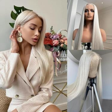 Imagem de Perucas Para Mulheres Branco Loiro Platinado Reto Frente De Renda Perucas De Cabelo Humano 13x4 Hd Transparente 180% Densidade Perucas Frontais De Renda Encaracoladas, Platinum, 18 Inch
