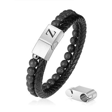 Imagem de FOCOOG Pulseiras de couro para presentes masculinos – Pulseira masculina com fecho magnético ajustável de pedra vulcânica natural de couro genuíno premium, presentes exclusivos para homens, marido