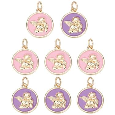 Imagem de BENECREAT 8 peças de pingente redondo de latão banhado a ouro 18K real, pingente roxo e rosa de fada de anjo esmaltado com anel de salto para fazer joias, colar, pulseira, artesanato, 15,5 x 13 x 1,7