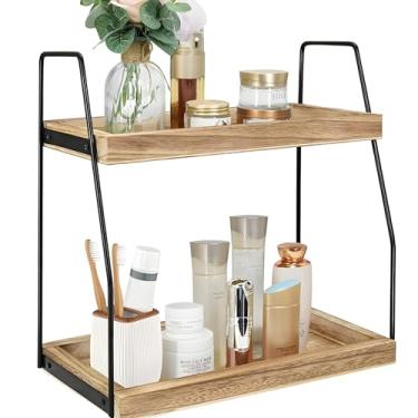 Imagem de QRZLP Organizador de bancada de cozinha, organizador de armazenamento móvel de mesa de 2 camadas para bancada, armazenamento multifuncional de bancada de madeira para banheiro, cozinha, café