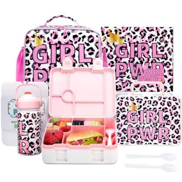 Imagem de Lancheira infantil Bento com 6 compartimentos para meninas com lancheira, garrafa de água de aço inoxidável com estampa de leopardo, conjunto de gelo e utensílios, presentes de aniversário para