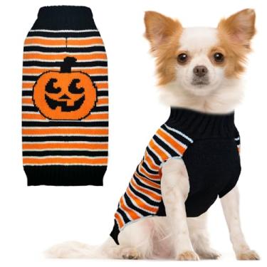 Imagem de HRTTSY Suéter de cachorro de Halloween listrado gola rolê filhotes de cachorro e gato suéteres com orifício de trela macio quente outono inverno roupas de cachorro fofo abóbora sem mangas moletom para cães pequenos, médios e grandes (listrado, PP)