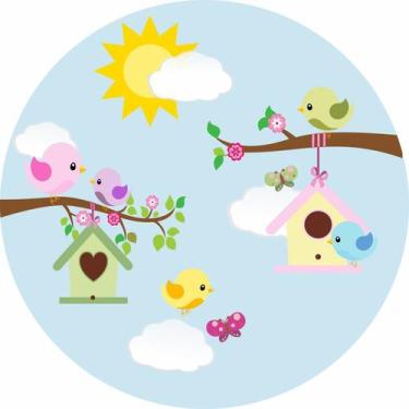 Imagem de Painel de Lona Redondo Passarinhos Fundo Azul Liso - Fabrika de Festa,