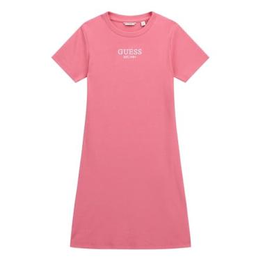 Imagem de GUESS Vestido canelado de manga curta ecológico para meninas, Rosa gelatinoso, 14 Anos