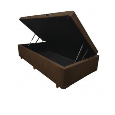 Imagem de Cama Box Baú Solteiro, Blindado, Pistão a Gás. Pés de Madeira (Suede, Marrom)