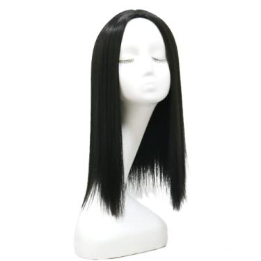 Imagem de mszyhuwan Peruca preta reta sem cola sem renda peruca completa Gilrs peruca feminina moderna divisão do meio couro cabeludo base superior fibras sintéticas resistentes ao calor cabelo fosco natural