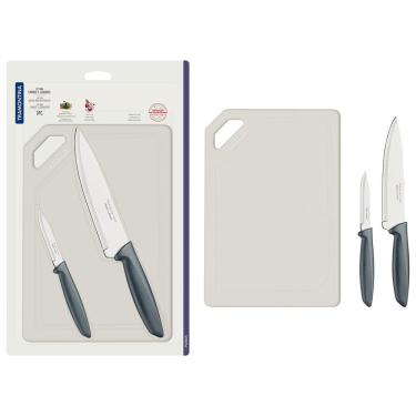 Imagem de Conjunto de Facas e Tábua de Corte Tramontina Plenus em Aço Inoxidável - Cinza - 3 Peças