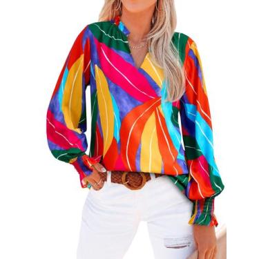 Imagem de Blusa feminina MASCOMODA com decote em V, floral, manga comprida, chif