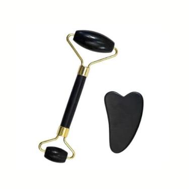 Imagem de Kit Massageador Facial 2 Peças - Rolo Massageador + Pedra Gua Sha (Preto)