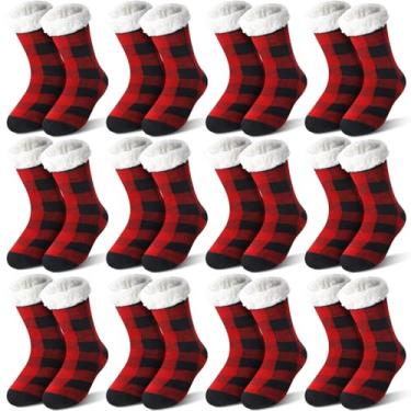 Imagem de Cutecrop 12 pares de meias felpudas de Natal, antiderrapantes, aconchegantes, fofas, para mulheres, presentes de inverno e Natal, Xadrez vermelho e preto, One Size