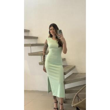 Imagem de Vestido Midi Feminino Canelado com Fenda - Cacharrel Store, Verde ment